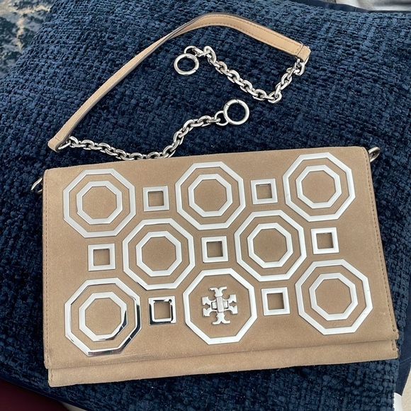 Tory Burch Kira Octagon Suede Purse, Clutch with Strap - Nude/Neutral - Picture 12 of 12